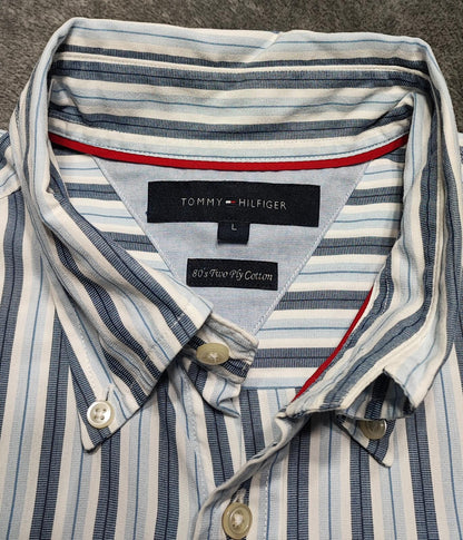 Vintage Tommy Hilfiger Striped Long Sleeve Preppy Shirt Blue Men Size Large