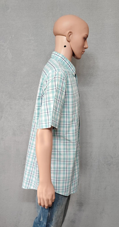 Vintage Chaps Checked Short Sleeve Shirt XXL Mint Green Blue 90s Retro Casual Dad