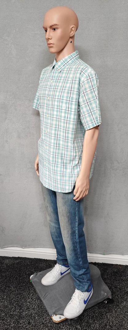 Vintage Chaps Checked Short Sleeve Shirt XXL Mint Green Blue 90s Retro Casual Dad