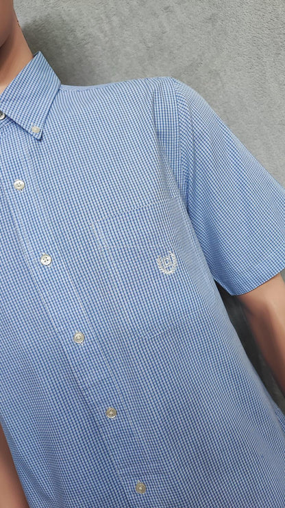 Vintage Chaps Checked Short Sleeve Shirt Large Blue White 90s Retro Casual Dad