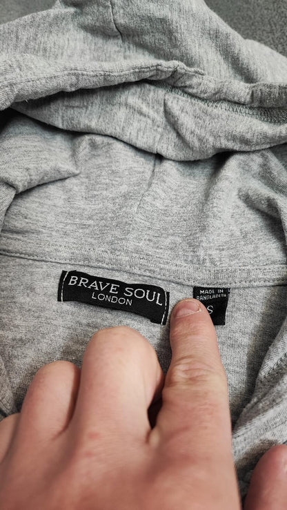 Vintage Brave Soul London Hooded Henley Top Marl Grey Retro Y2K Men's Size Small