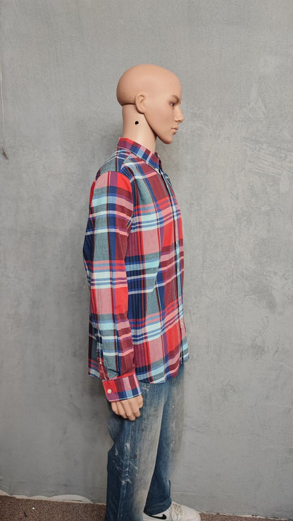 Vintage Old Navy Flannel Shirt Large Red Blue Checked Cotton Grunge Lumberjack