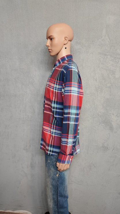 Vintage Old Navy Flannel Shirt Large Red Blue Checked Cotton Grunge Lumberjack