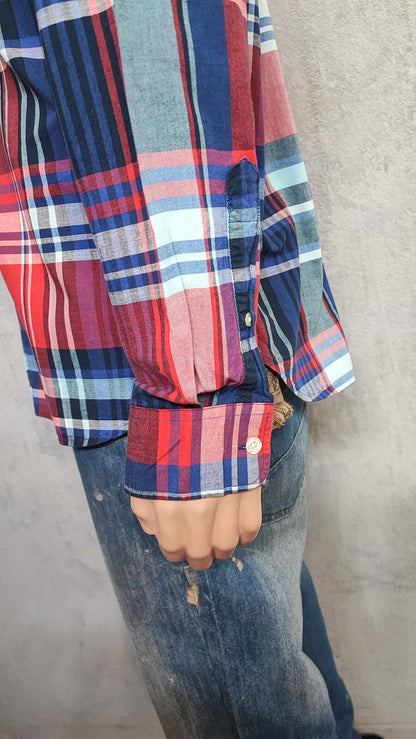 Vintage Old Navy Flannel Shirt Large Red Blue Checked Cotton Grunge Lumberjack