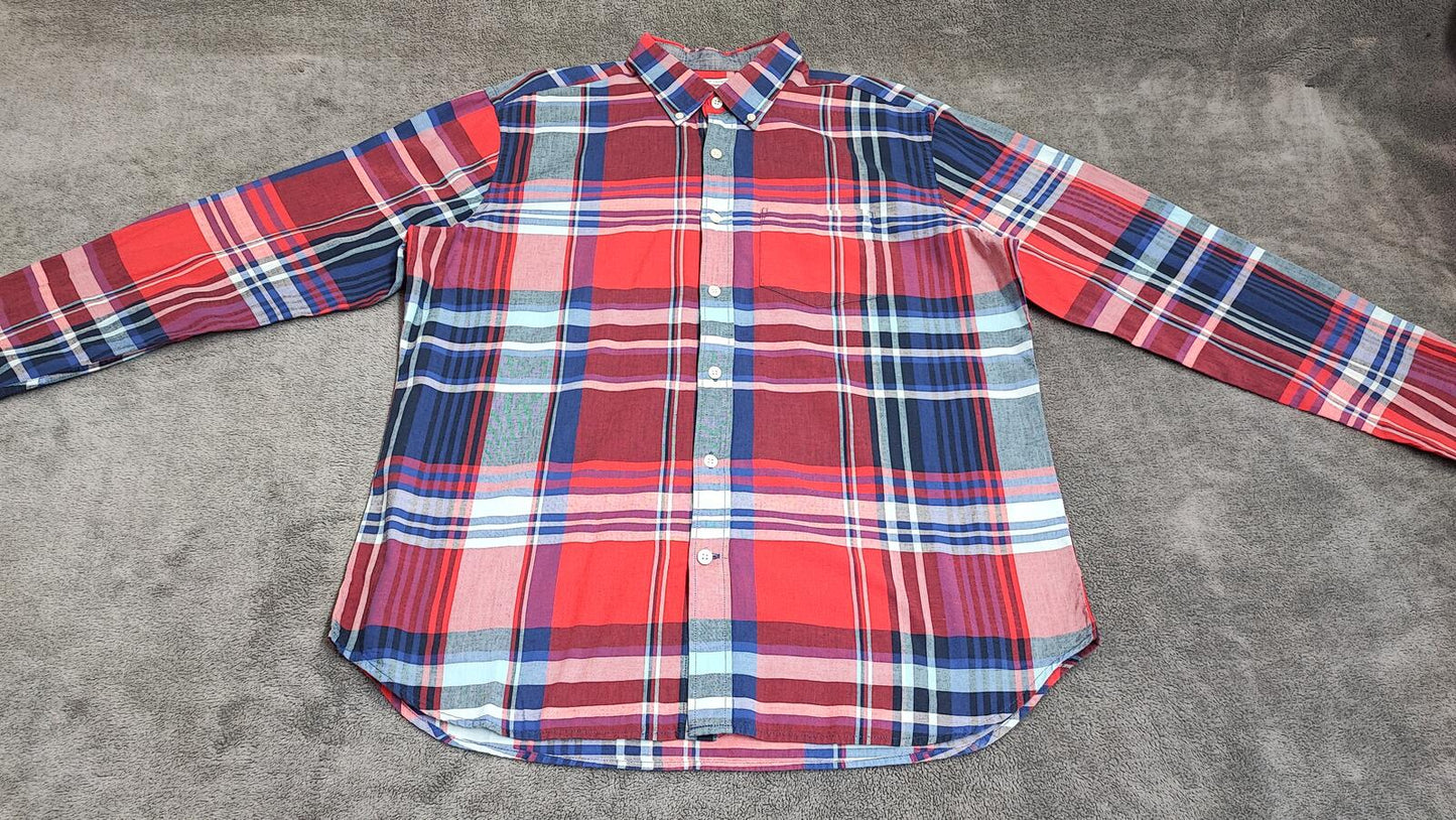 Vintage Old Navy Flannel Shirt Large Red Blue Checked Cotton Grunge Lumberjack