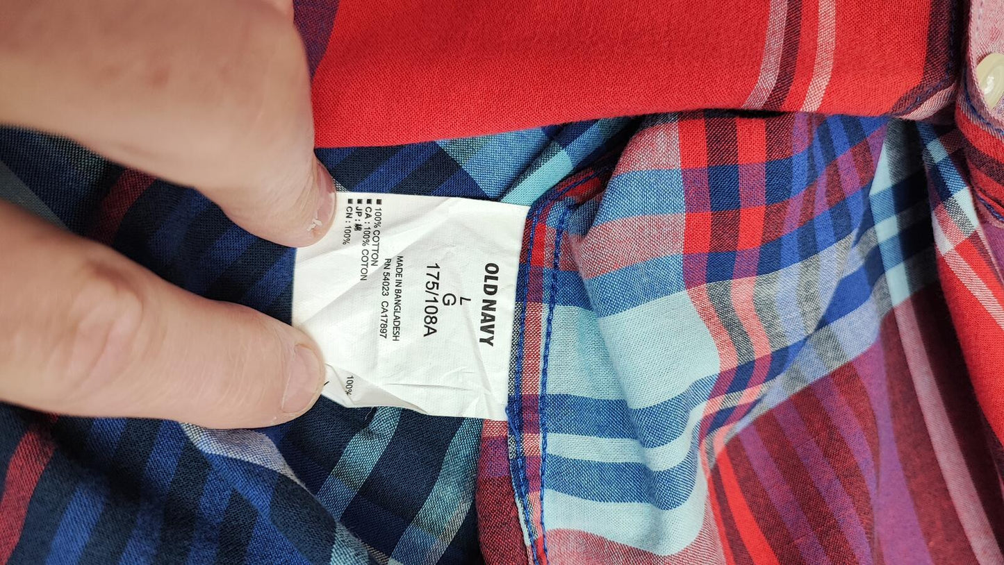 Vintage Old Navy Flannel Shirt Large Red Blue Checked Cotton Grunge Lumberjack