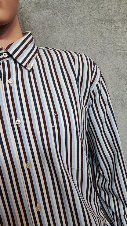 Vintage Tommy Hilfiger Striped Long Sleeve Shirt Burgundy Navy Men's Size XL