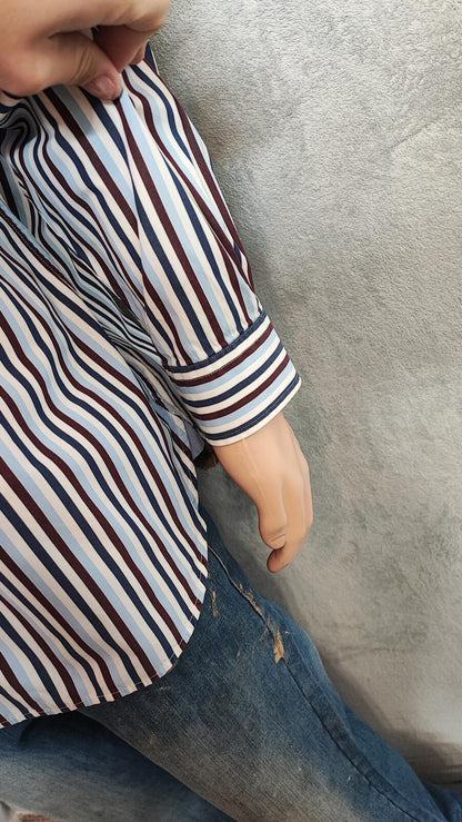 Vintage Tommy Hilfiger Striped Long Sleeve Shirt Burgundy Navy Men's Size XL