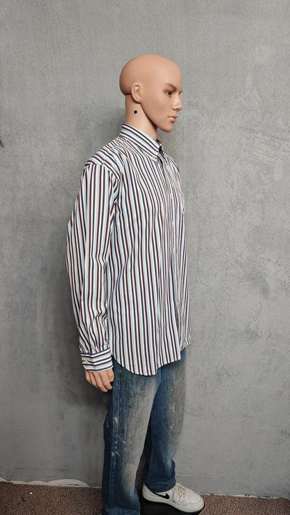 Vintage Tommy Hilfiger Striped Long Sleeve Shirt Burgundy Navy Men's Size XL
