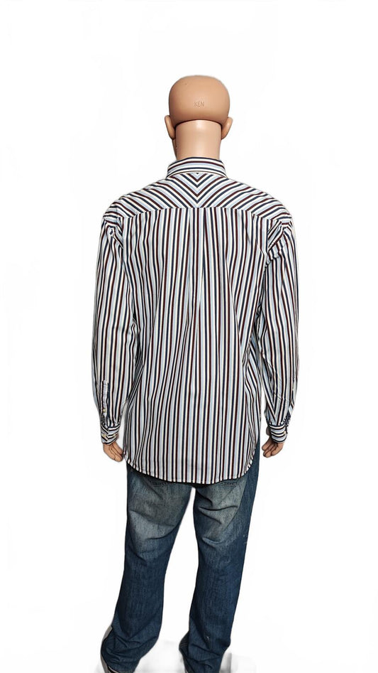Vintage Tommy Hilfiger Striped Long Sleeve Shirt Burgundy Navy Men's Size XL