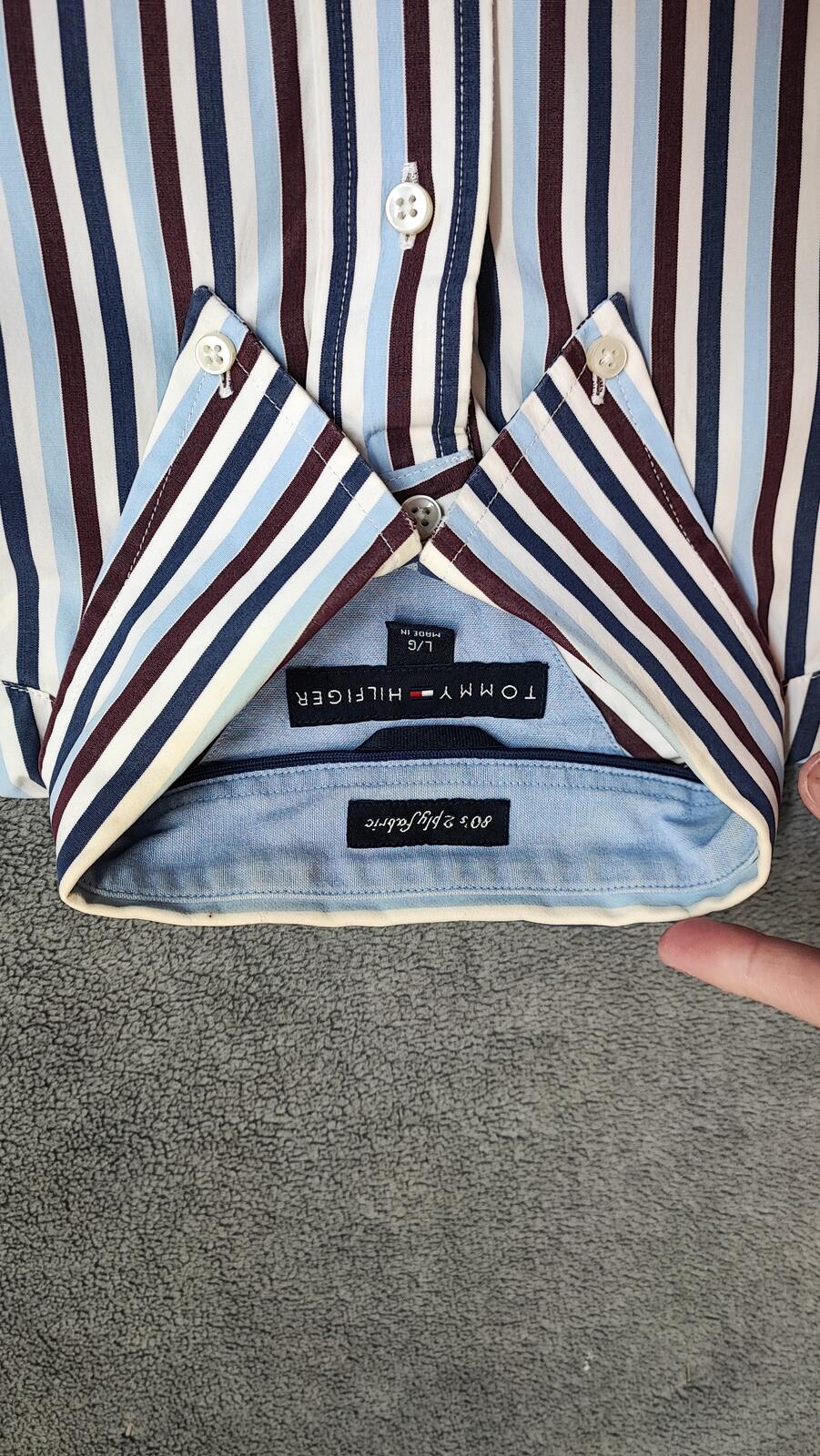 Vintage Tommy Hilfiger Striped Long Sleeve Shirt Burgundy Navy Men's Size XL