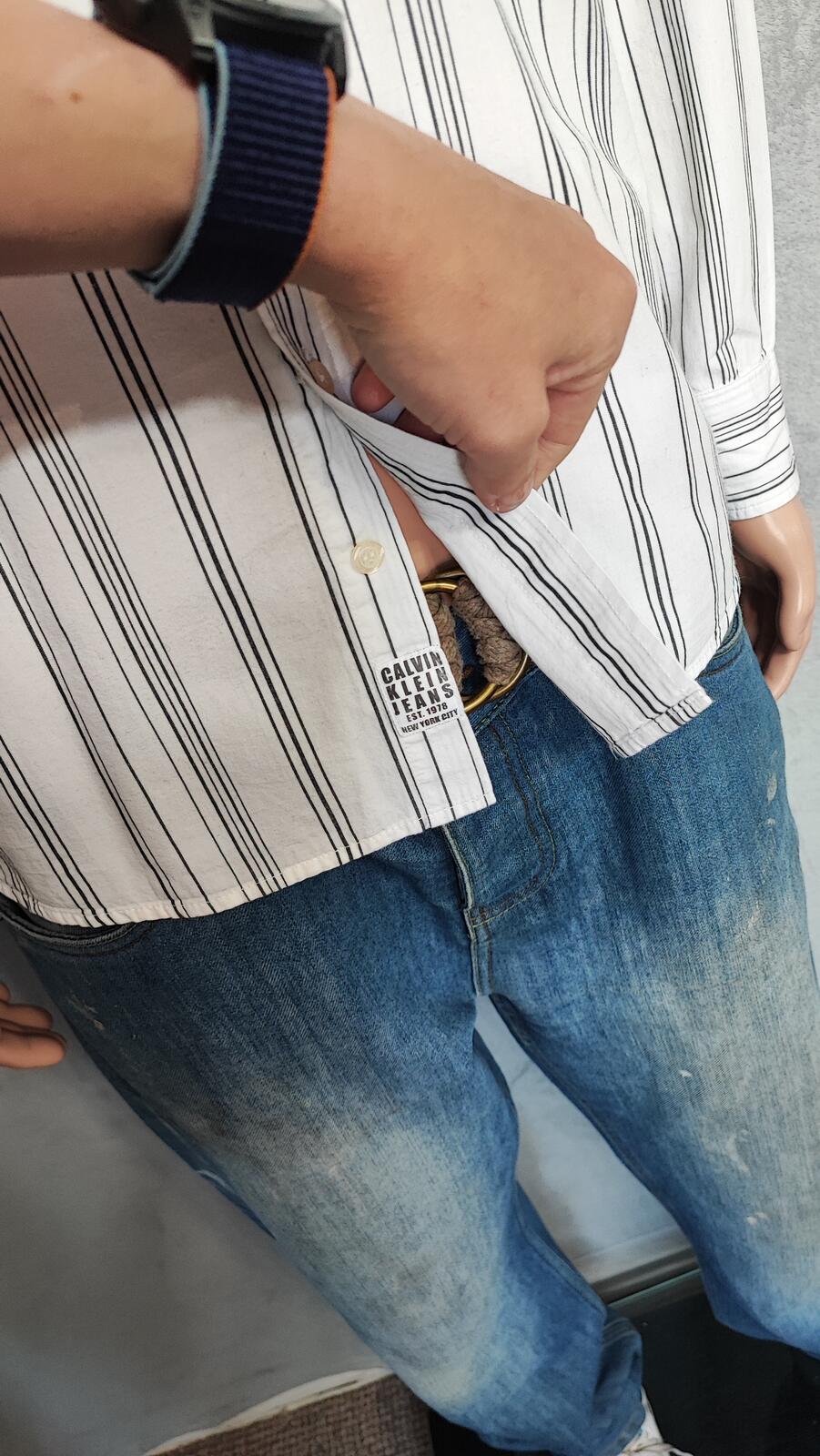 Vintage Calvin Klein Striped Long Sleeve Shirt White Black Men's Size Large L