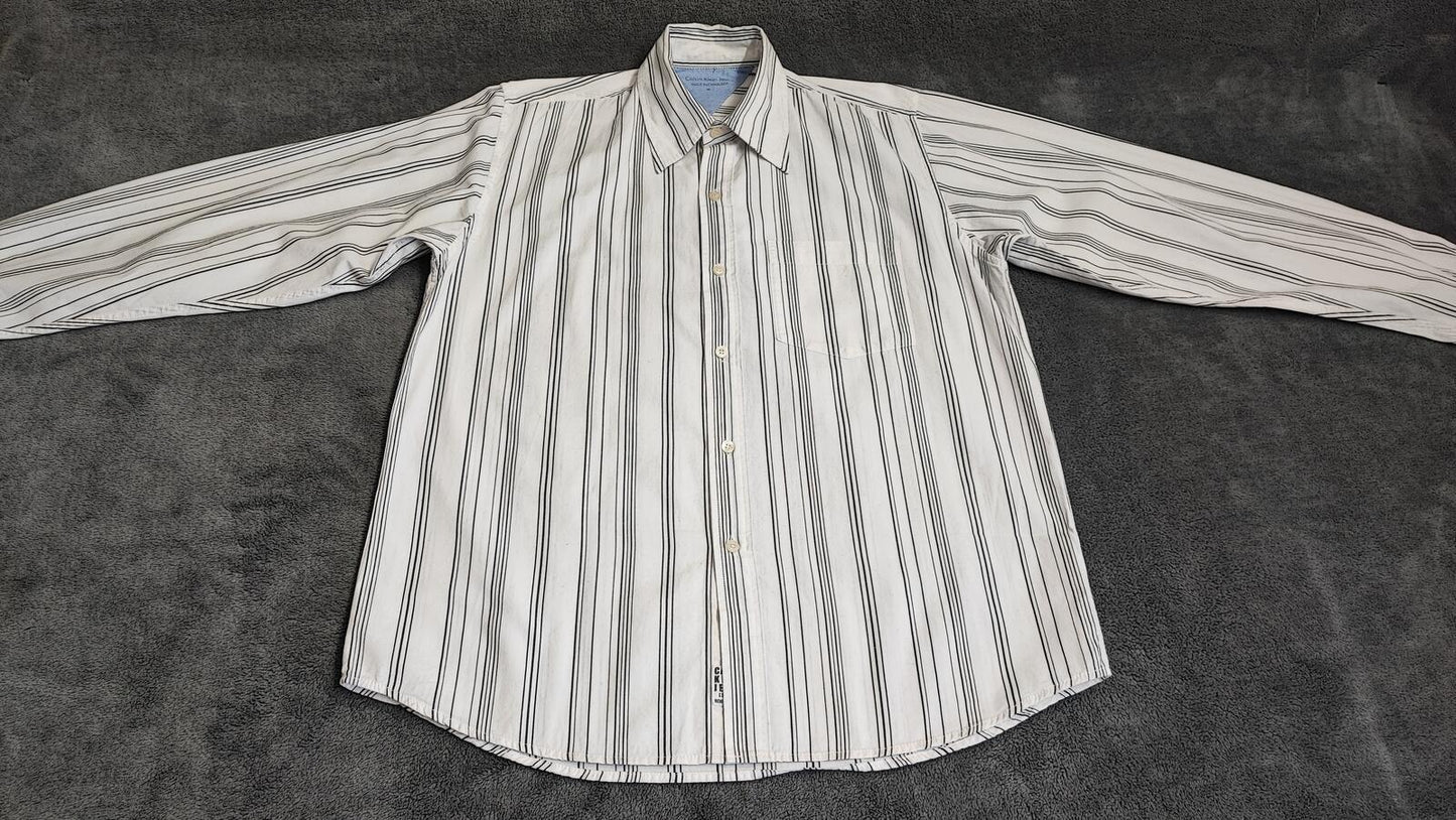 Vintage Calvin Klein Striped Long Sleeve Shirt White Black Men's Size Large L