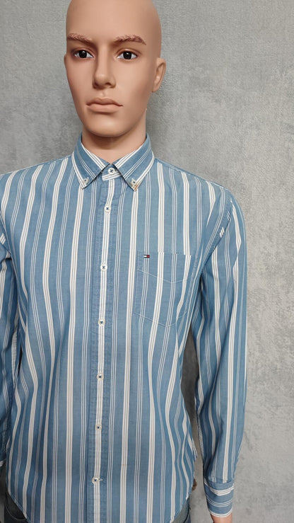 Vintage Tommy Hilfiger Striped Long Sleeve Shirt Blue White Men's Size M/L