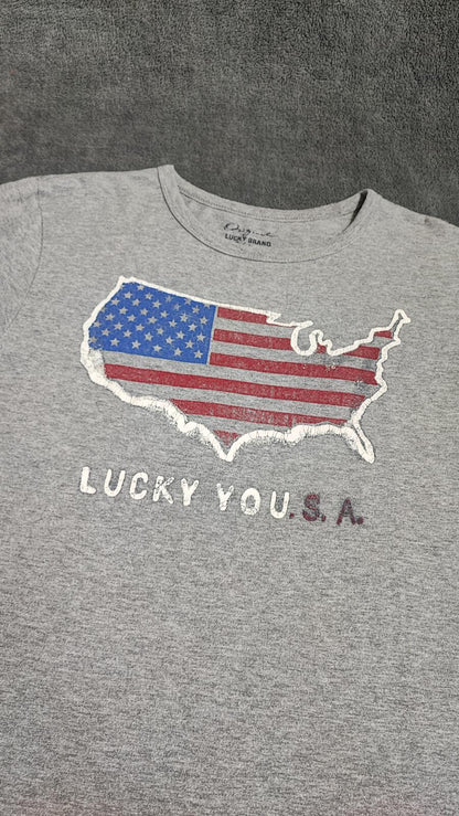 Vintage Lucky You USA Graphic T-Shirt Grey Retro Y2K Men's Size Medium M