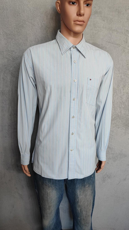 Vintage Tommy Hilfiger Striped Long Sleeve Flag Logo Shirt Blue Men's Size Large