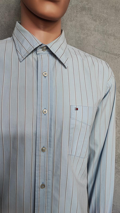 Vintage Tommy Hilfiger Striped Long Sleeve Flag Logo Shirt Blue Men's Size Large