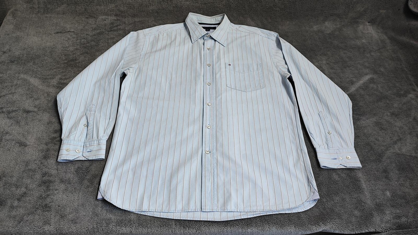 Vintage Tommy Hilfiger Striped Long Sleeve Flag Logo Shirt Blue Men's Size Large