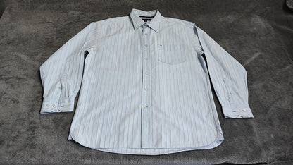 Vintage Tommy Hilfiger Striped Long Sleeve Flag Logo Shirt Blue Men's Size Large