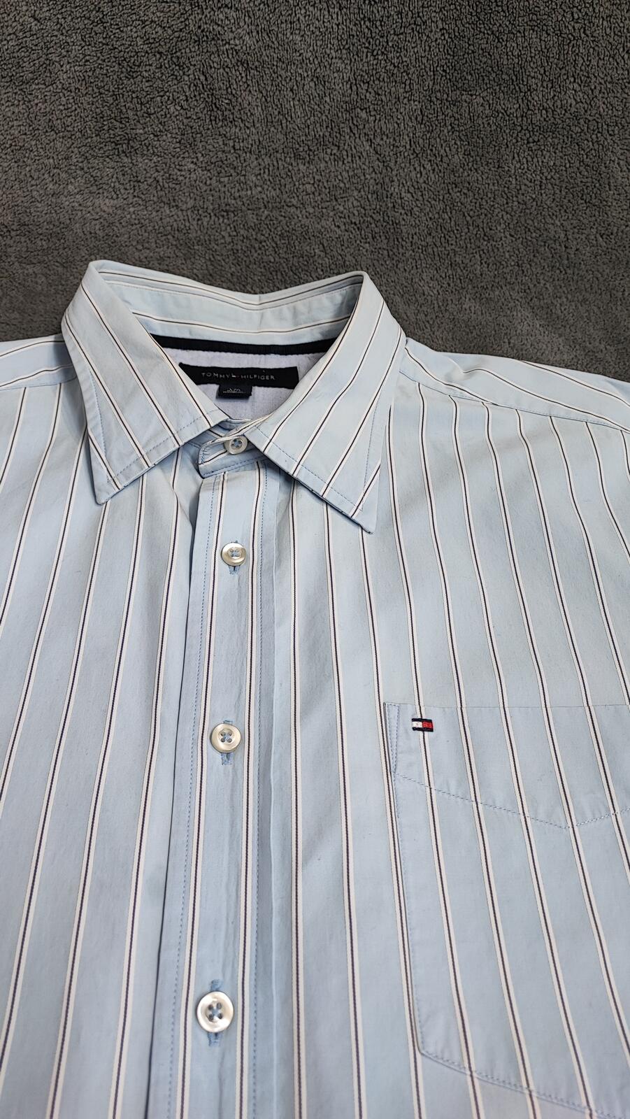 Vintage Tommy Hilfiger Striped Long Sleeve Flag Logo Shirt Blue Men's Size Large