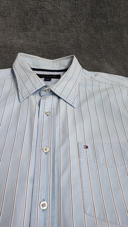 Vintage Tommy Hilfiger Striped Long Sleeve Flag Logo Shirt Blue Men's Size Large
