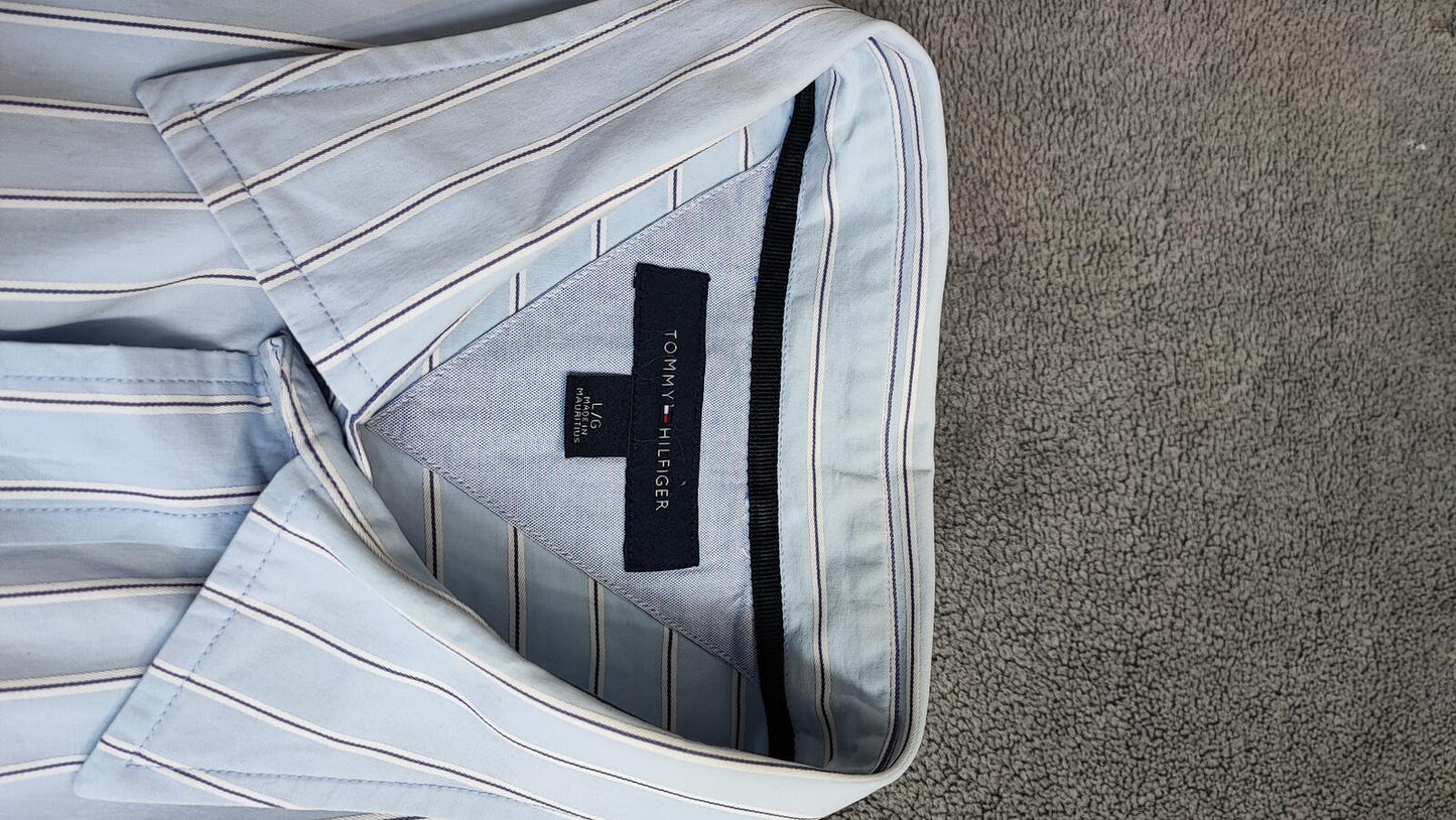 Vintage Tommy Hilfiger Striped Long Sleeve Flag Logo Shirt Blue Men's Size Large