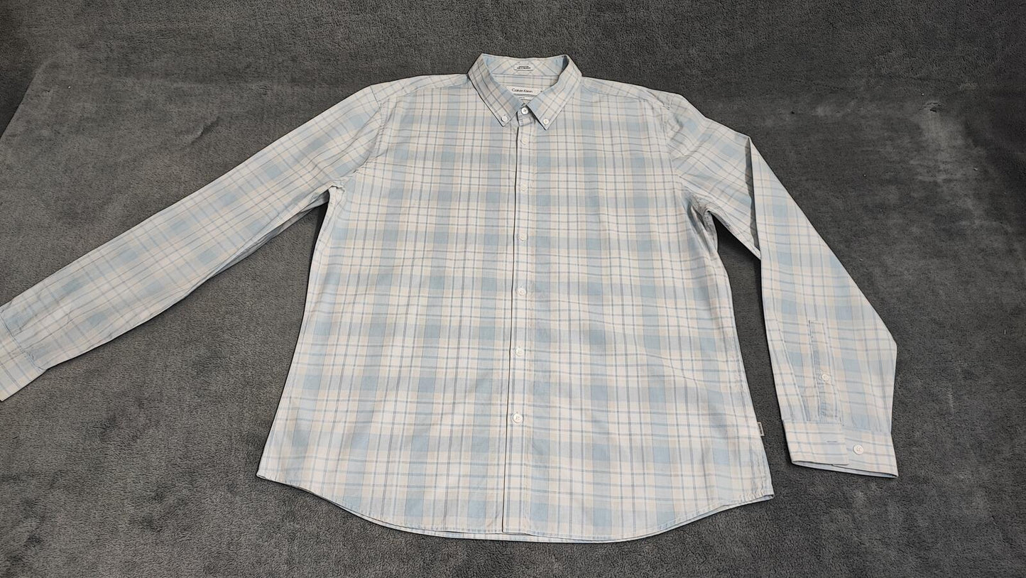 Vintage Calvin Klein Checked Long Sleeve Slim Fit Casual Shirt Blue Men's Large