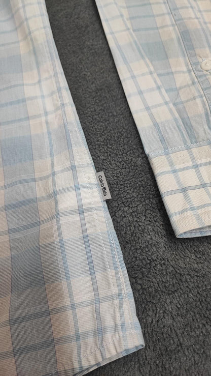 Vintage Calvin Klein Checked Long Sleeve Slim Fit Casual Shirt Blue Men's Large