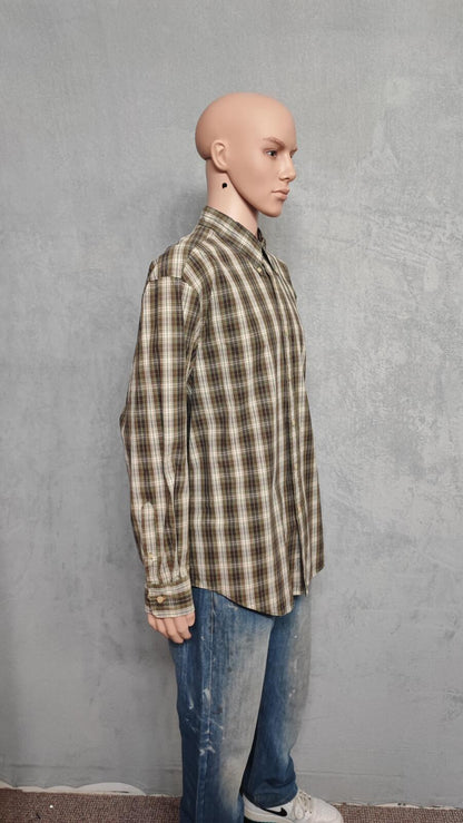 Vintage Nautica 80s Two Ply Checked Long Sleeve Shirt Brown Men's Size Large L