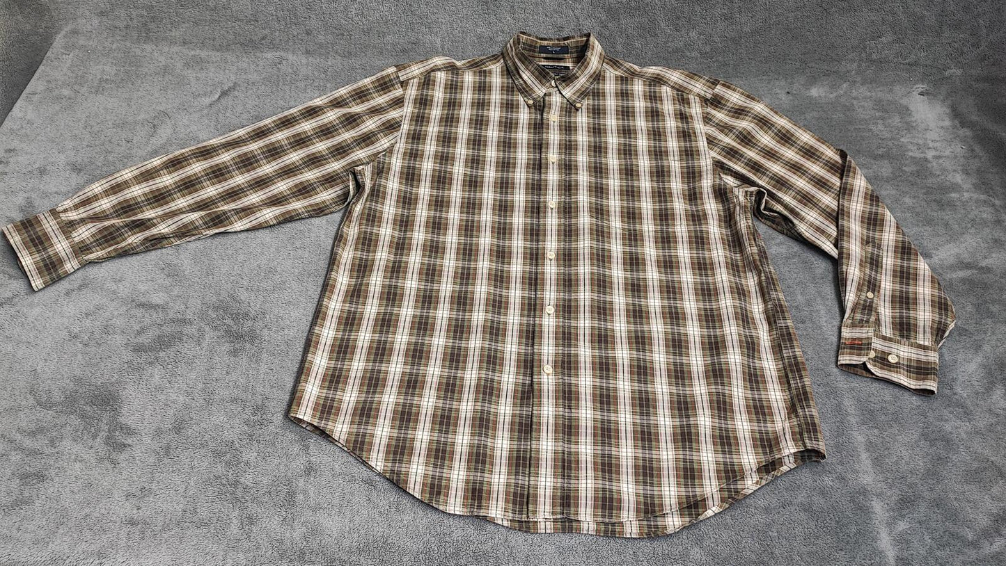 Vintage Nautica 80s Two Ply Checked Long Sleeve Shirt Brown Men's Size Large L