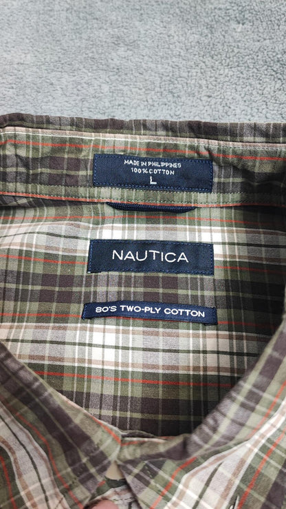 Vintage Nautica 80s Two Ply Checked Long Sleeve Shirt Brown Men's Size Large L