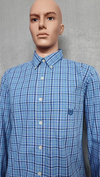 Vintage Chaps Checked Long Sleeve Easy Care Preppy Shirt Navy Men Size Large