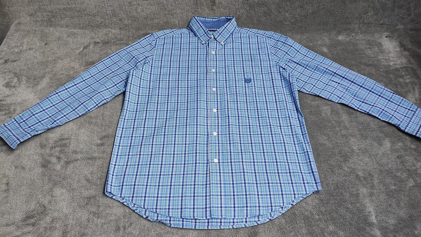 Vintage Chaps Checked Long Sleeve Easy Care Preppy Shirt Navy Men Size Large