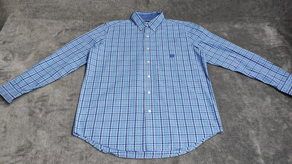 Vintage Chaps Checked Long Sleeve Easy Care Preppy Shirt Navy Men Size Large
