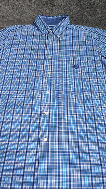 Vintage Chaps Checked Long Sleeve Easy Care Preppy Shirt Navy Men Size Large