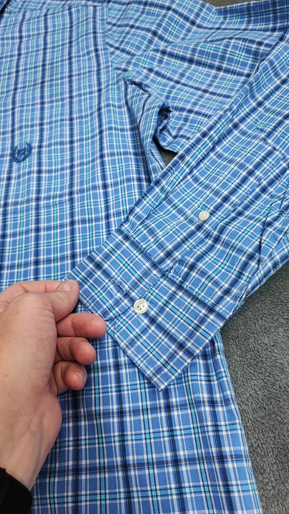 Vintage Chaps Checked Long Sleeve Easy Care Preppy Shirt Navy Men Size Large