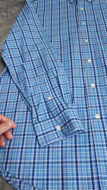 Vintage Chaps Checked Long Sleeve Easy Care Preppy Shirt Navy Men Size Large