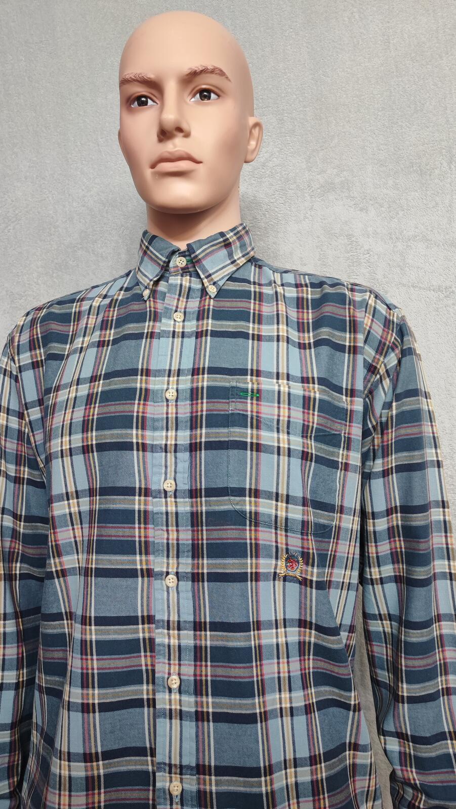 Vintage Tommy Hilfiger Crest Checked Long Sleeve Shirt Blue Navy Men's Size XL