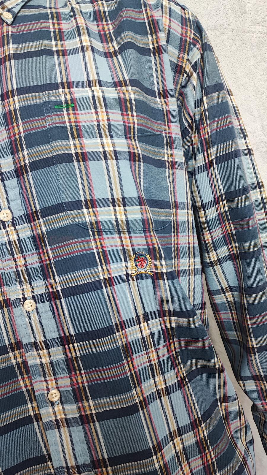Vintage Tommy Hilfiger Crest Checked Long Sleeve Shirt Blue Navy Men's Size XL