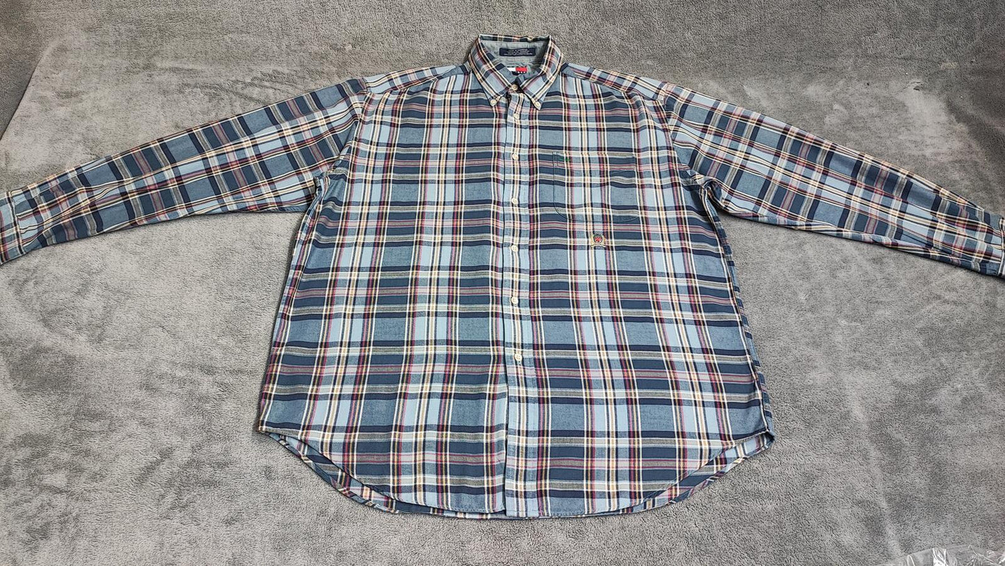 Vintage Tommy Hilfiger Crest Checked Long Sleeve Shirt Blue Navy Men's Size XL