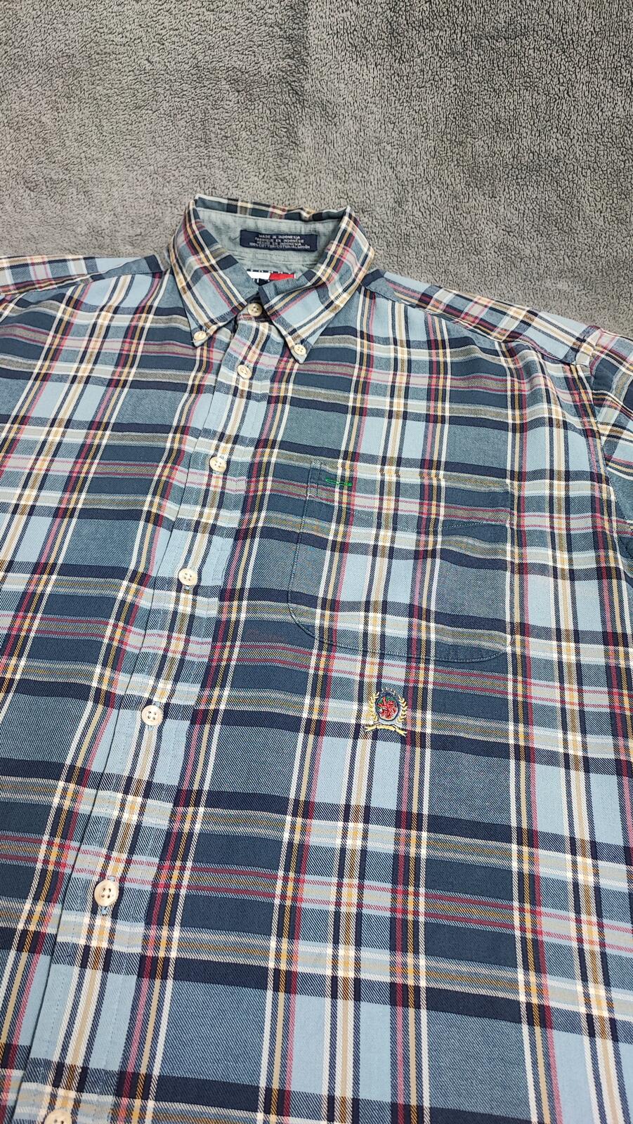 Vintage Tommy Hilfiger Crest Checked Long Sleeve Shirt Blue Navy Men's Size XL