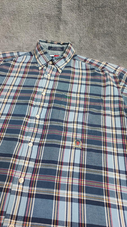 Vintage Tommy Hilfiger Crest Checked Long Sleeve Shirt Blue Navy Men's Size XL