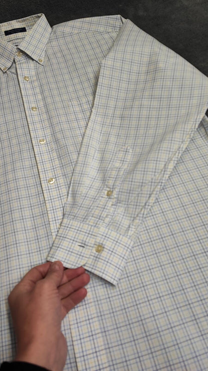Vintage Chaps Checked Long Sleeve Easy Care Preppy Shirt White Men Size Large