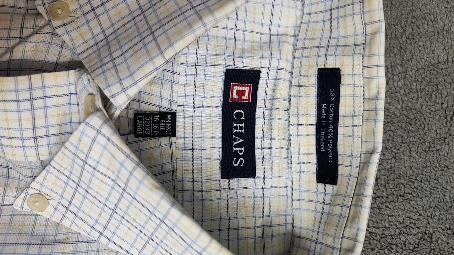 Vintage Chaps Checked Long Sleeve Easy Care Preppy Shirt White Men Size Large