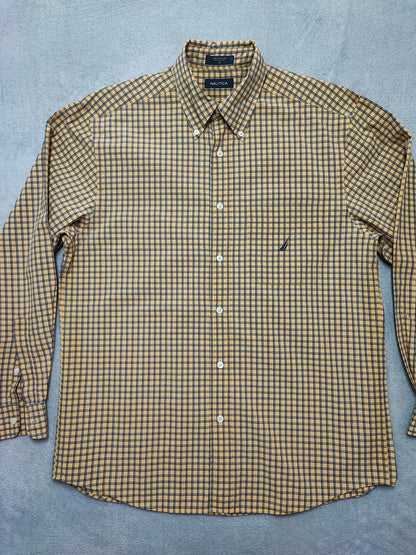 Vintage Nautica Checked Long Sleeve Plaid Lumberjack Shirt Yellow Men Size Large