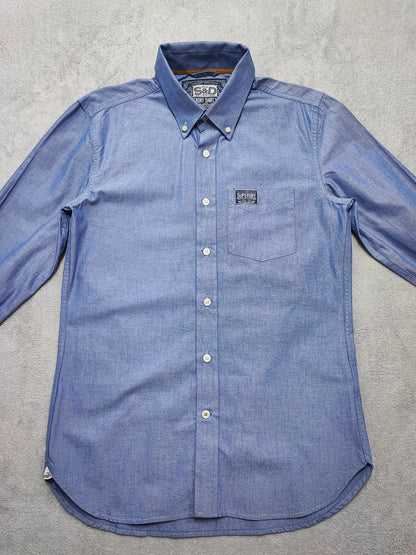 Vintage Superdry Shirt Shop Long Sleeve Buttoned Smart Casual Shirt Blue Men's M