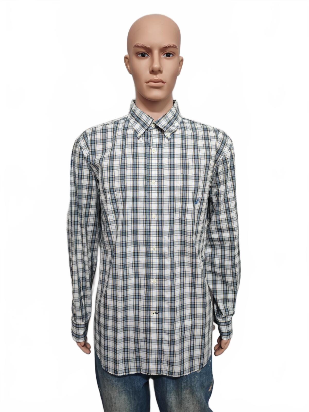 Vintage Nautica Wrinkle Resistant Checked Long Sleeve Sailboat Shirt Blue Men XL