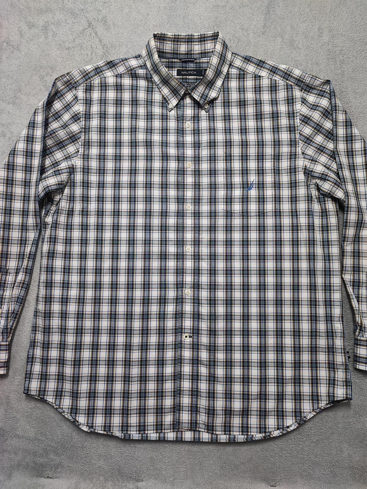 Vintage Nautica Wrinkle Resistant Checked Long Sleeve Sailboat Shirt Blue Men XL