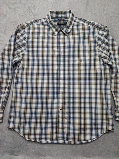 Vintage Nautica Wrinkle Resistant Checked Long Sleeve Sailboat Shirt Blue Men XL
