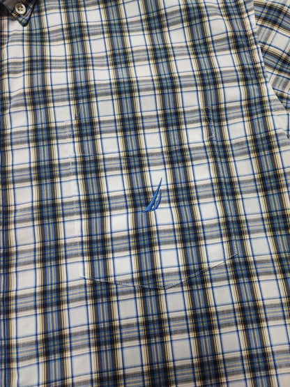 Vintage Nautica Wrinkle Resistant Checked Long Sleeve Sailboat Shirt Blue Men XL